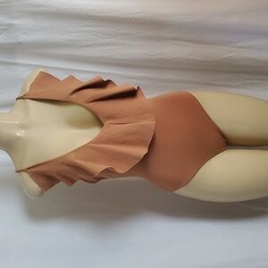 LPA One-Piece V Neck Ruffle Swimsuit Tan Size S